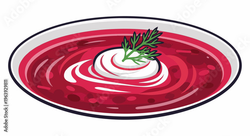A vibrant bowl of beet soup with a swirl of cream and dill garnish