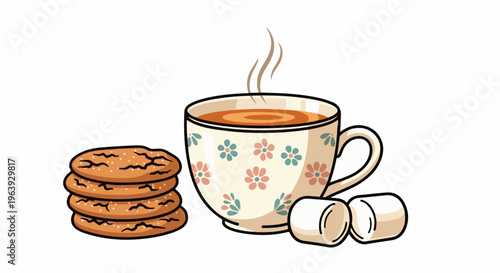 A warm beverage in a floral mug with cookies and marshmallows