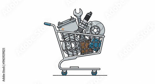A shopping cart filled with various car parts, including brakes and spark plugs