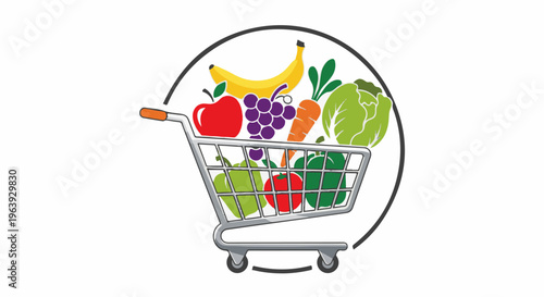 A shopping cart filled with fresh fruits and vegetables inside a circular frame