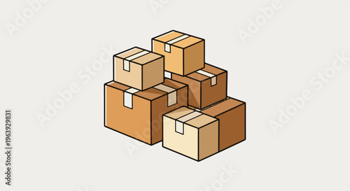 A stack of light brown and beige cardboard boxes, taped shut, on a light background