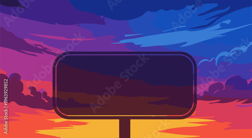 A sign stands before a vibrant, pixelated sky at dusk