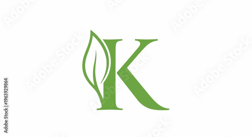 A stylized green letter K with a leaf on its left side against a white background