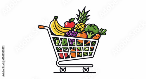 A shopping cart overflowing with a colorful assortment of fresh fruits and vegetables