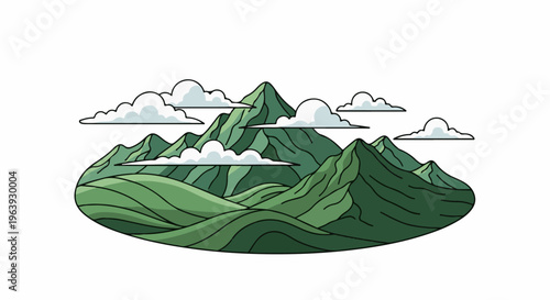 A stylized illustration of green rolling hills and mountain peaks beneath clouds