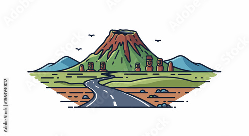 A winding road leads to ancient statues and a majestic volcano under blue mountains