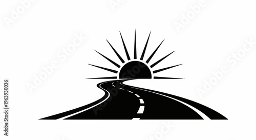 A winding road leads towards a stylized sun rising over the horizon