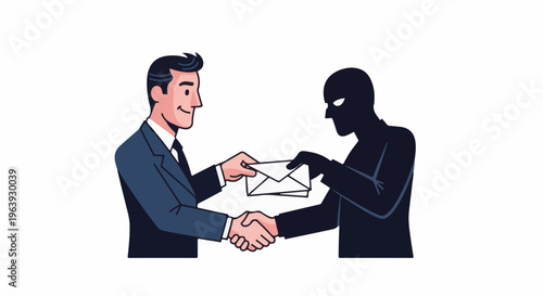 A smiling man in a suit shakes hands with a shadowy figure who offers him envelopes