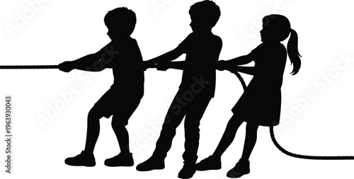Kids playing tug of war silhouettes vector illustration, children teamwork game pulling rope isolated outdoor activity design