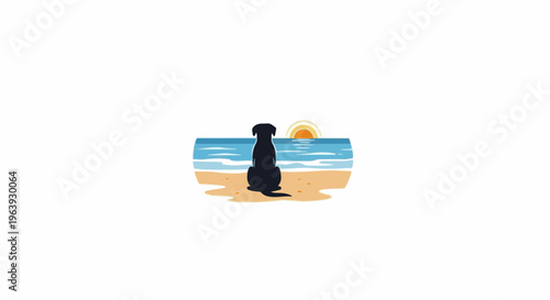 A silhouette of a dog sits on a beach watching the sunset over the ocean