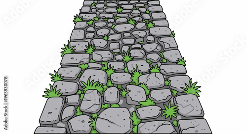 A weathered, uneven stone path with green grass growing between stones