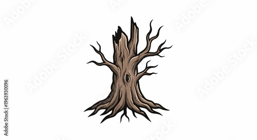 A weathered, barren tree trunk with a hollow and gnarled branches