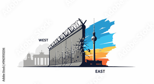 A stark wall separates a city's historical monument from a modern tower