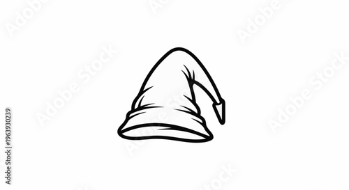 A simple black and white drawing of a pointed, floppy wizard's hat