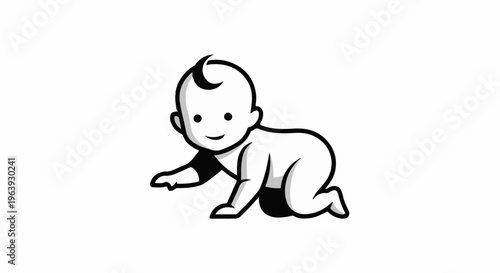 A simplistic black and white cartoon of a baby crawling on a white background