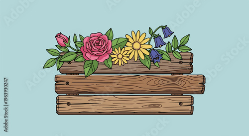 A rustic wooden planter overflows with vibrant pink roses, yellow daisies, and bluebells