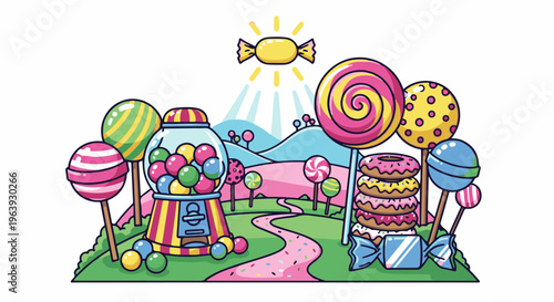 A whimsical candy land with lollipops, donuts, and a gumball machine