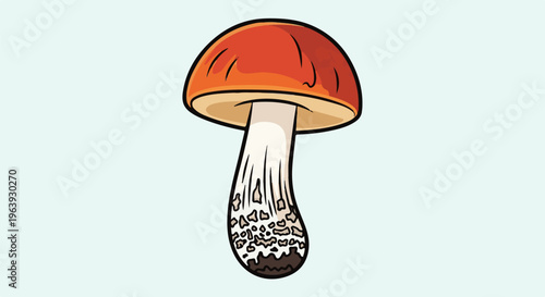 A vibrant cartoon illustration of a single red cap mushroom on a light blue background