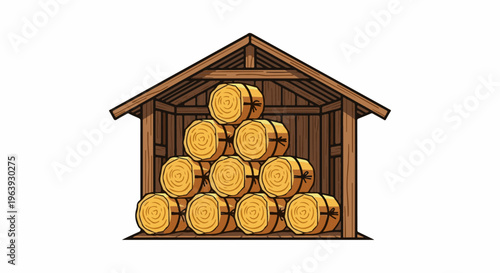 A rustic wooden shed filled with neatly stacked, round hay bales