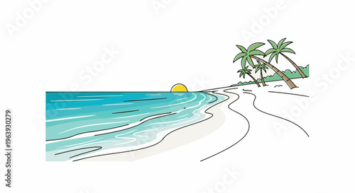 A simplistic, stylized depiction of a beach scene with palm trees and a setting sun