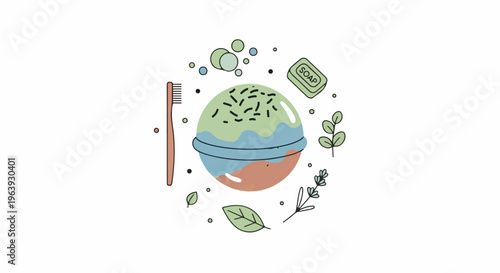 A whimsical illustration of bath products and botanical elements