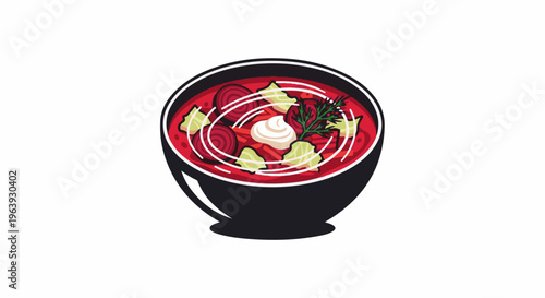 A steaming bowl of bright red soup with vegetables and sour cream topping