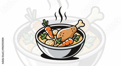 A steaming bowl of hearty chicken soup with carrots, potatoes, and herbs