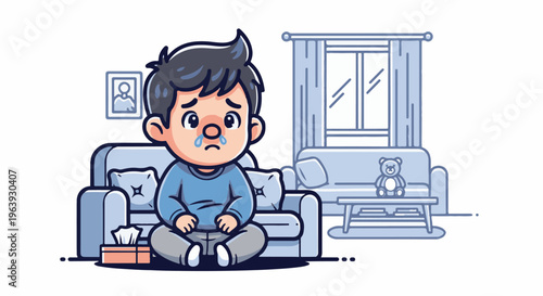 A sad, crying child sits on the floor next to a sofa with tissues