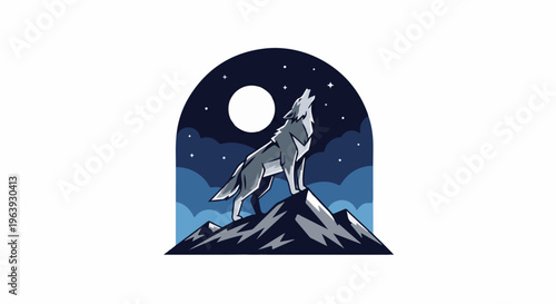 A wolf howls at the moon atop a mountain under a starry night