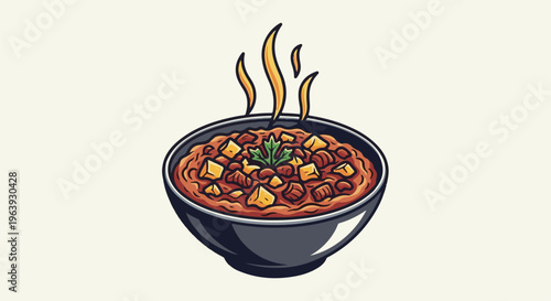 A steaming bowl of hearty stew with chunks of meat and vegetables