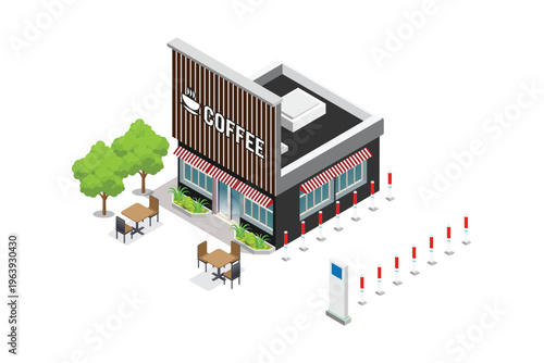 Modern isometric coffee shop building on a street corner with outdoor seating, lush green trees, and colorful cars driving on the road.
