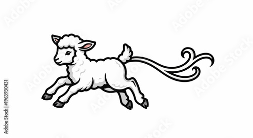 A whimsical lamb frolics with a decorative, swirling tail on a white backdrop