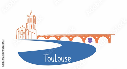 A stylized illustration of Toulouse, France, featuring a church and bridge over a river
