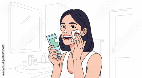 A woman cleanses her face with a foamy cleanser in a minimalist bathroom setting