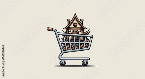 A stylized house with vegetation sits within a shopping cart