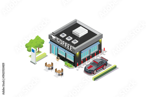 Modern isometric coffee shop building on a street corner with outdoor seating, lush green trees, and colorful cars driving on the road.
