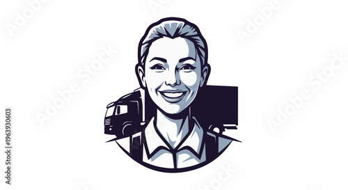 A woman in front of a semi-truck, stylized graphic, positive expression