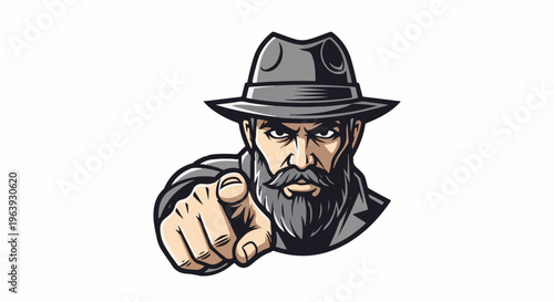 A stern-faced man with a beard and hat points directly forward