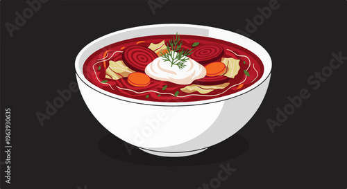 A white bowl filled with vibrant red soup, garnished with sour cream, dill, carrots, and beets