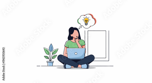 A woman sits cross-legged with a laptop, contemplating an idea lightbulb