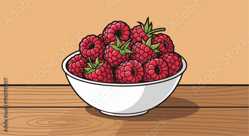 A white bowl filled with vibrant, ripe raspberries sits on a wooden table