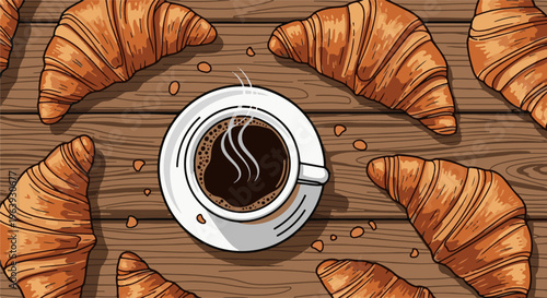 A still life of croissants and a cup of steaming coffee on a wooden table