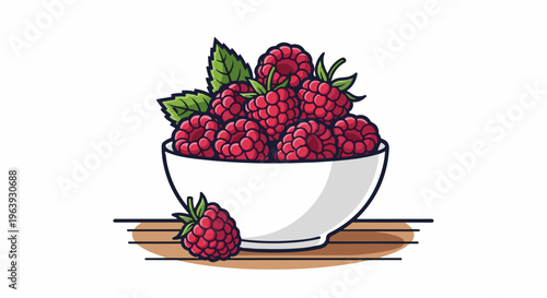 A white bowl overflowing with ripe, red raspberries and green leaves