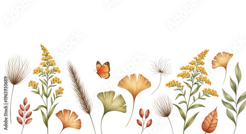 A collection of various plants and a butterfly on isolated transparent background for design