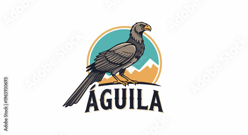 A stoic eagle perches above stylized mountains, representing strength