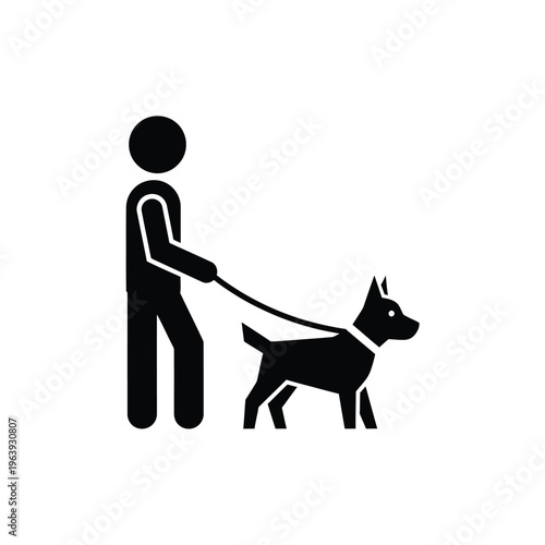 Illustration of vector man walking dog on leash in simple black and white design