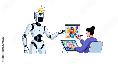 Robot assists designer using AI powered tool on computer
