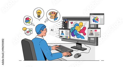 A person in a blue outfit collaborates with AI on a computer to create colorful graphics and illustrations.