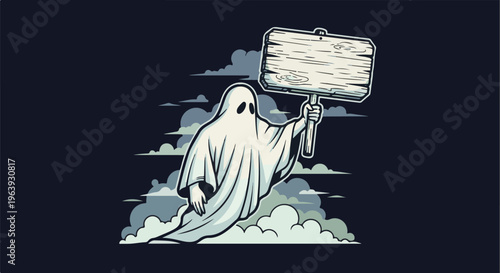 A white ghost floats through clouds holding a wooden sign