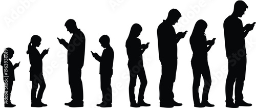 Black silhouettes of diverse people of all ages including children and adults standing in line using smartphones isolated on white background for social media concept. (25 words)